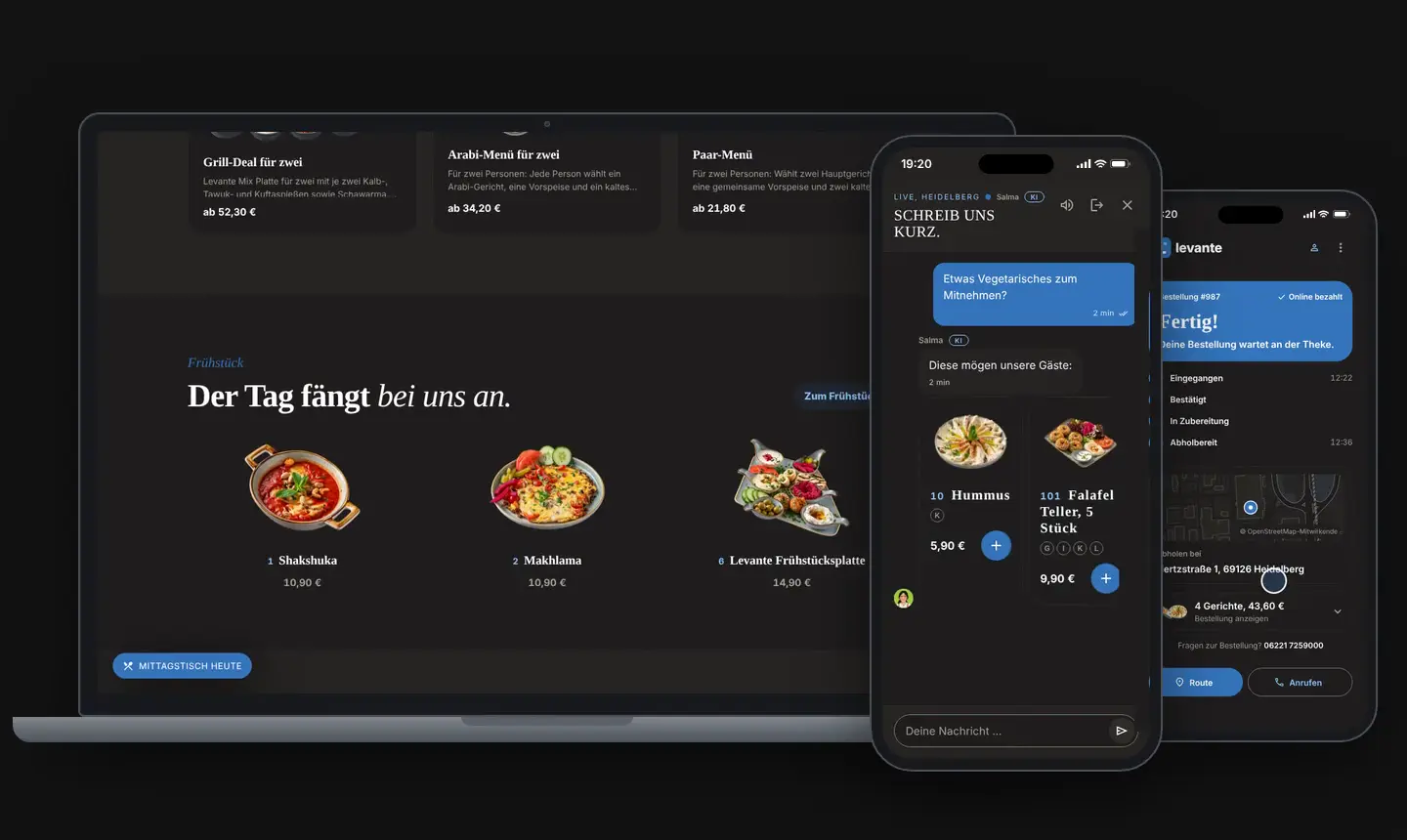 Website, KI-Assistentin und Bestellstatus von Levante