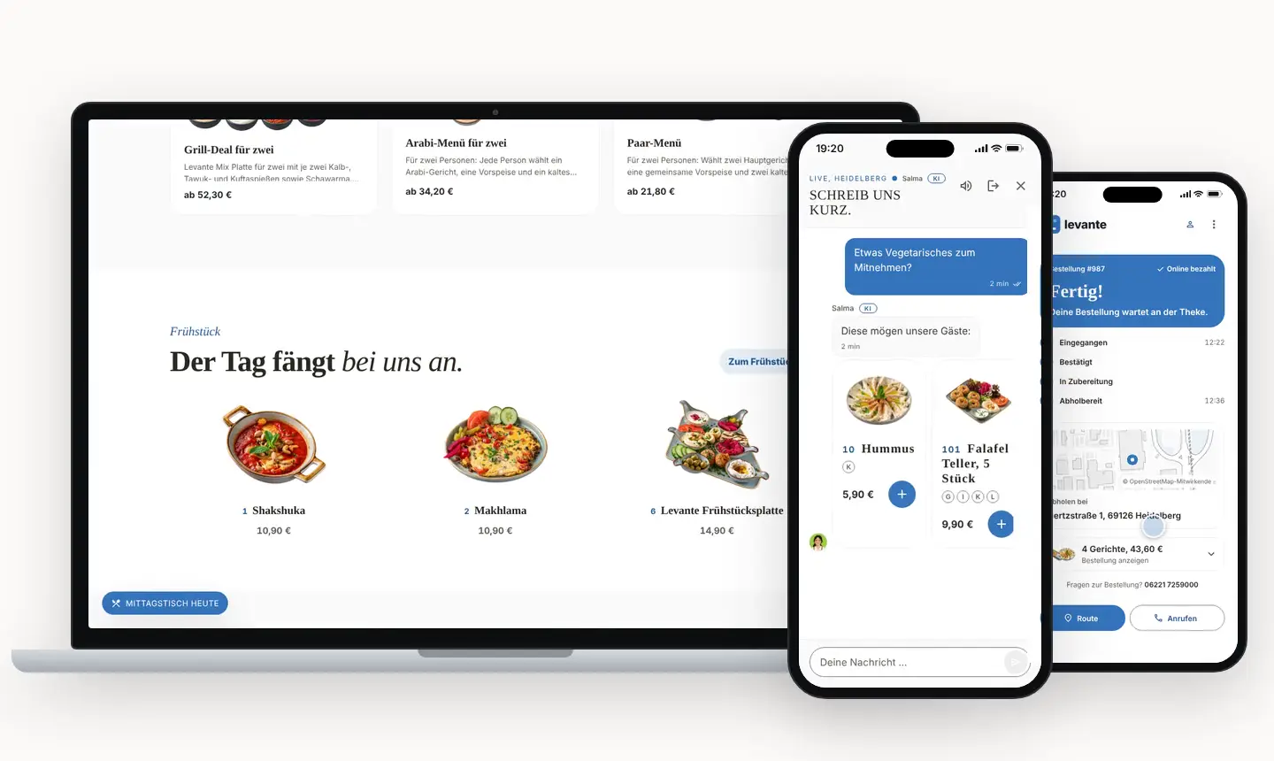 Website, KI-Assistentin und Bestellstatus von Levante