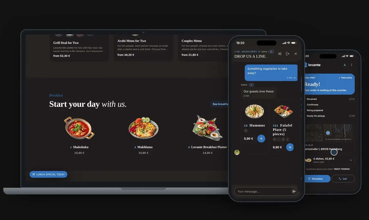 Levante website, AI assistant and order tracking